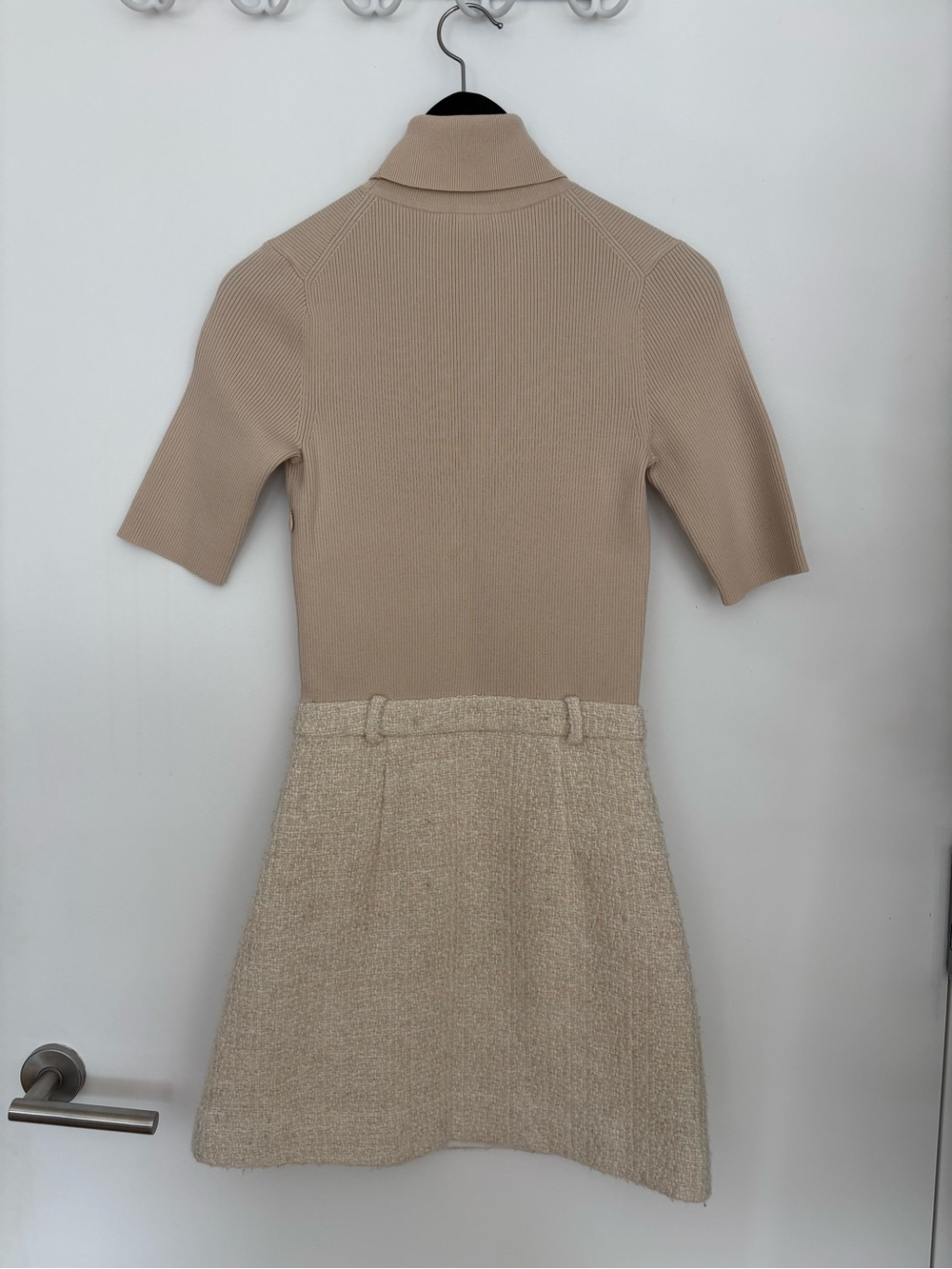 Theory Mini Turtleneck Knit and Tweed A-Line Dress in Neutral - Picture 6 of 10